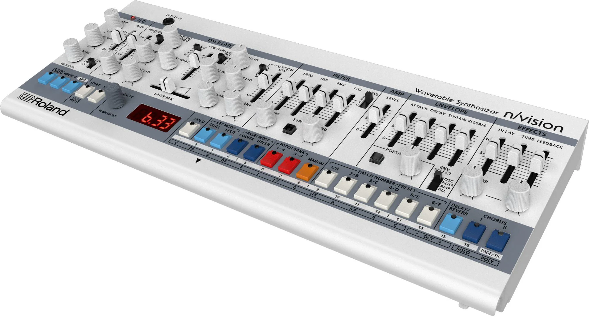 Wavetable-Synthesizer, MIDI-Keyboard, analoger Synthesizer, weiße Oberfläche, Schieberegler